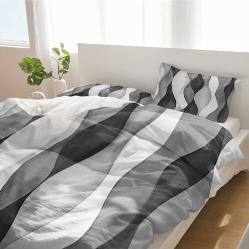 Duvet Cover Set Queen, Abstract Grey Black Gradient Stripes 3 Piece