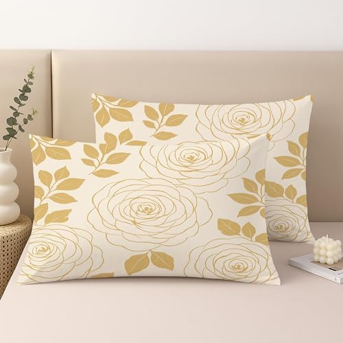 Rose Floral Throw Pillow Covers Set of 2, Cream Gold Flower Decorative