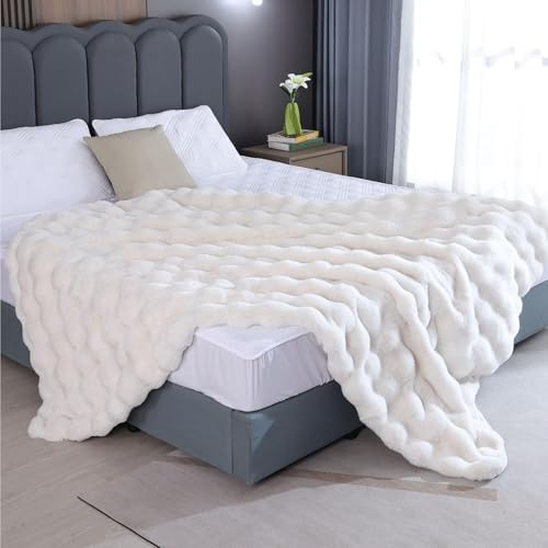 Cream Beige Faux Fur Throw Blanket for Couch, Snuggly Double-Sided