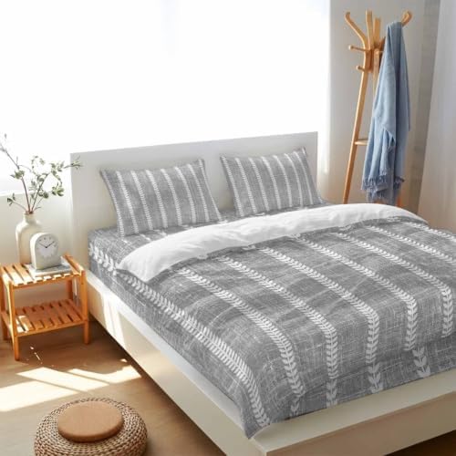 4 Piece Duvet Cover Set for Full Size Bed,Grey Boho Stripe Light Linen