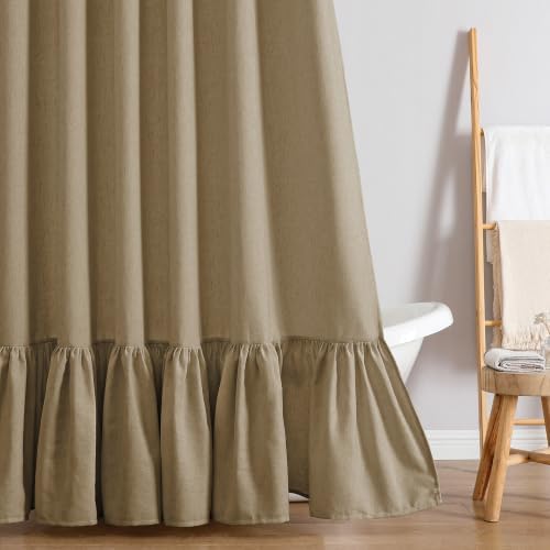QiyI Extra Long Boho Linen Shower Curtain with Ruffle Hem, Khaki, 72 x