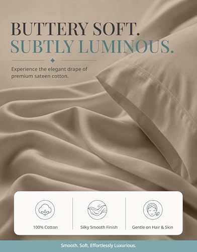 450TC 100% Cotton Twin XL Sheet Set - Silky Smooth Sateen Weave, Taupe