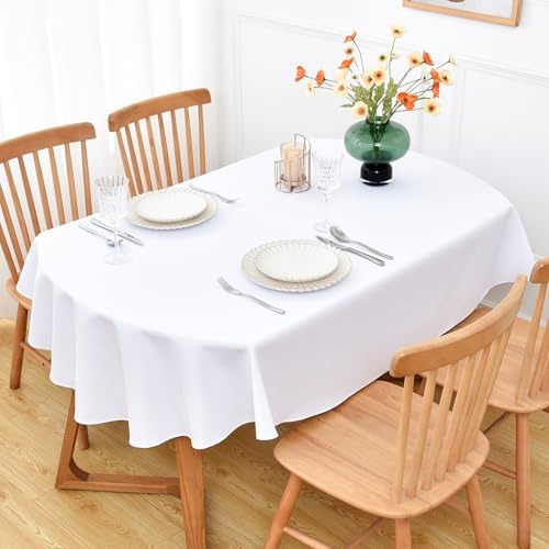 NEWISHER White Oval Tablecloth 60x84 inch, Heavy Duty Polyester Fabric