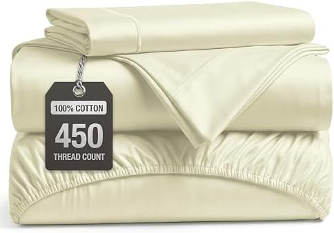 LANE LINEN 450TC Cotton Twin Sheets - Silky Smooth Sateen Weave, Ivory