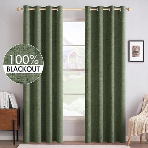 MIULEE 100% Blackout Linen Curtains for Bedroom 52x96 Inches Olive