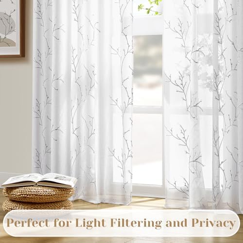 HOMEIDEAS White and Grey Sheer Curtains 52 X 63 Inches Length, 2