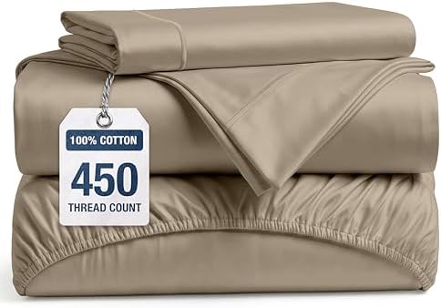 450TC 100% Cotton Twin XL Sheet Set - Silky Smooth Sateen Weave, Taupe