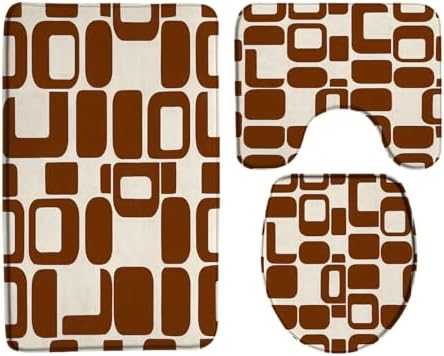 4 Piece Memory Foam Bath Mat Set,Brown Geometric Mid Century Boho
