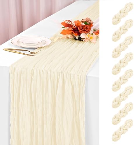 YMHPRIDE 8 Pack Ivory Table Runner 20x120 inch Cheesecloth Table
