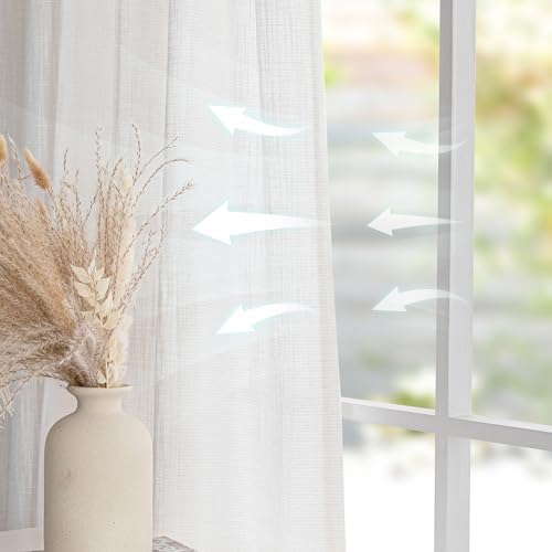 MYSKY HOME Natural Linen White Curtains 84 Inches Long, Semi Sheer