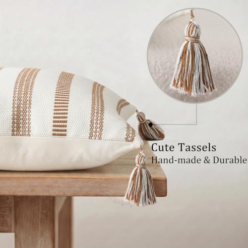 Smile Bee Outdoor Striped Pillow Covers 18x18 Set of 2 Brown and White
