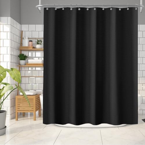 Black Shower Curtain for Bathroom, Waterproof Boho Waffle Shower