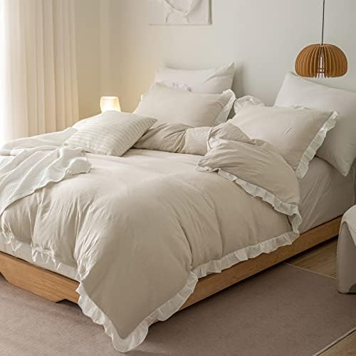 Beige Cream Duvet Cover Set King Size Bedding Set White Ruffle Pleated