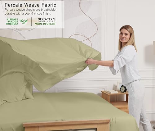 RUVANTI 100% Cotton Queen Sheets, Percale Queen Sheet Set, Sage Green