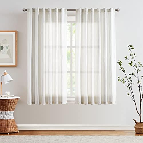 jinchan Striped Linen Curtains 63 Inch Length for Living Room Grey