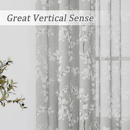 FMFUNCTEX Linen Sheer Blossom Floral Print Curtains Grey 63 Inch 2