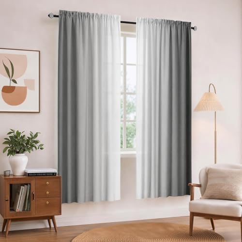 Grey and Grayish White Curtains for Living Room 63 Inch Length Ombre