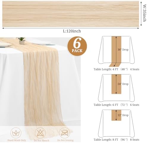 6 Pack Beige Cheesecloth Table Runners, 35x120 Inch