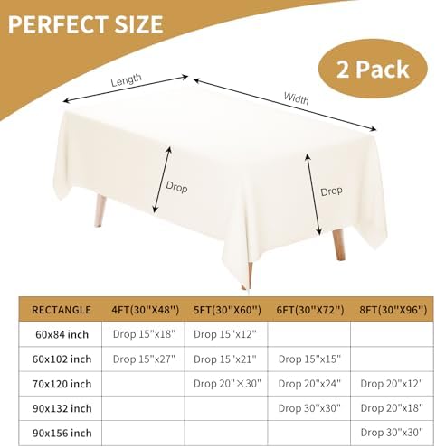 Fixwal 2 Pack 60 x 102 Inch Tablecloths Rectangle Ivory Table Cover