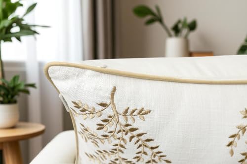 VAGMINE Embroidered Fern Leaf 18x18 Throw Pillow Cover, Ivory