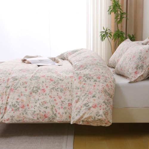 ABREEZE 100% Cotton Duvet Cover Queen Size Floral Bedding Set 3 Pieces