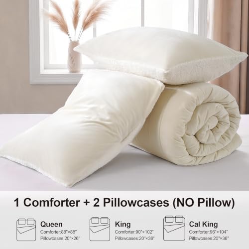 Fluffy Sherpa King Comforter Set, Thick Bedding Set 3 Pieces, Cream