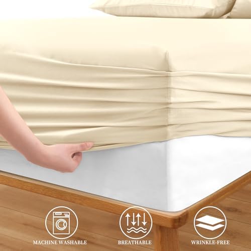 Horbaunal Extra Deep Pocket Queen Fitted Sheet Only, Cream