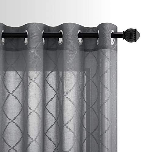 KOUFALL Grey Diamond Pattern Linen Like Sheer Curtain 52 x 63 Inch