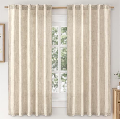 MIULEE Faux Linen Curtains 63 Inch Length 2 Panels Natural Cream Beige