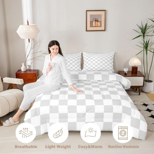 Manfei King Size Neutral Checkerboard Comforter Set with 2 Pillowcases