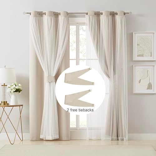 Bujasso Beige 80% Blackout Curtains with Sheer Overlay Mix and Match