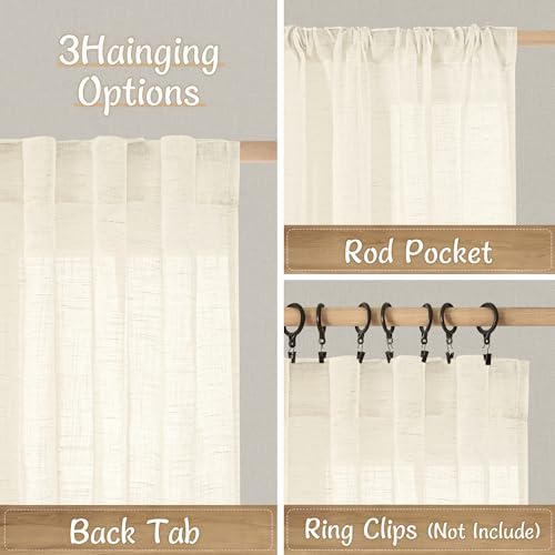LAMIT Beige Sheer Linen Curtains 63 Inch for Bedroom, 52 x 63 Inch