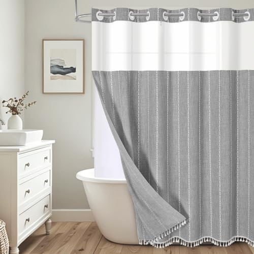 Grey Fabric Shower Curtain with Snap in Liner - Linen Blend, 71x74