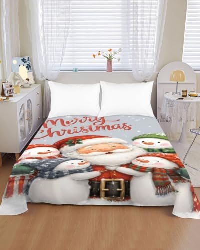 Cal King Size Flat Sheet Only, Santa Claus Snowman Bed Top Sheet Soft