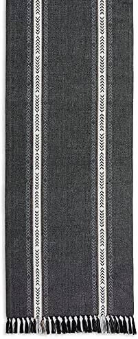 DII Textured Stripe Cotton Table Runner, 14x72 Black Fringed Farmhouse