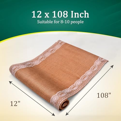 Burlap Lace Table Runner (Pack of 6) – 12”x 108” - No-Fray Finished