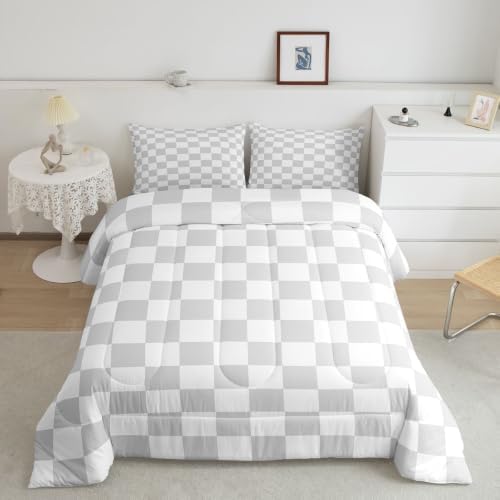 Manfei King Size Neutral Checkerboard Comforter Set with 2 Pillowcases