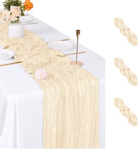 3 Pack Ivory Cheesecloth Table Runner, 17 x 108 inch, Semi Sheer Boho