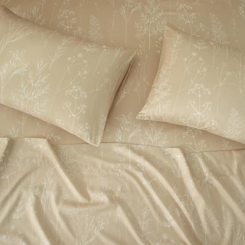 HYPREST Beige Sheets California King, 18" Deep Pocket, Floral Pattern