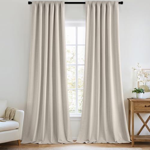 MIULEE 100% Blackout Back Tab Pleat Linen Curtains 50" Wx84 L,Beige