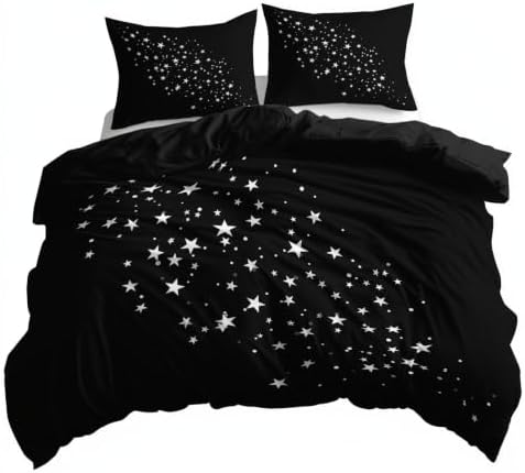 King Duvet Cover Set Soft Microfiber Simple Stars Black
