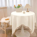 Table Cloths Round Solid Color Tassels, Tablecloth Beige White 95"