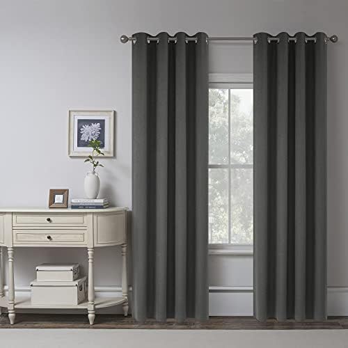 Charcoal Grey 100% Blackout Linen Curtains 96 Inches Long 2 Panels for