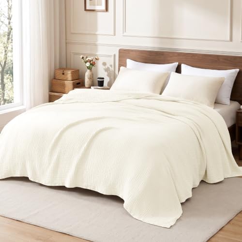 Love's cabin 100% Cotton Muslin Blanket Queen Size for Bed, Ivory