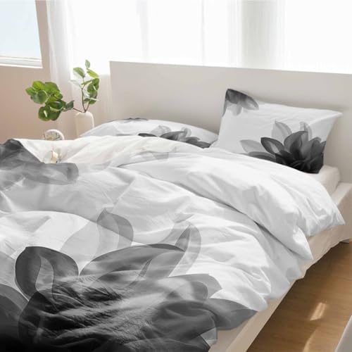 Duvet Cover Set Full, Abstract Gray Floral Flower on White 3 Piece