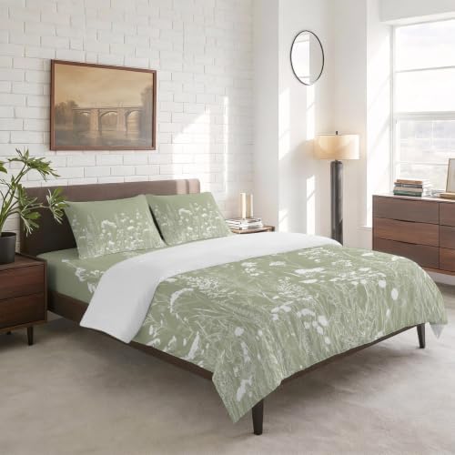 Sage Green California King 4 Piece Duvet Cover Set, White Botanical