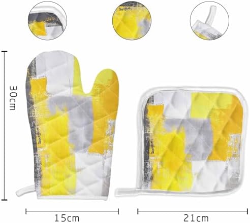 Quilted Cotton Terry Cloth Oven Mitt, Pot Holder Yellow Gray White