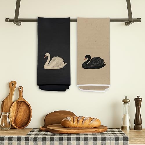 Vintage Black and White Swan Kitchen Towels, Neutral Black and Beige