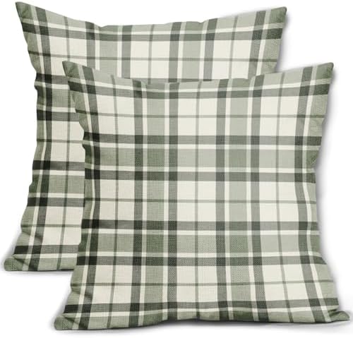 Sage Green Plaid Pillow Covers 18x18 Set of 2 Grey Cream Buffalo Plaid