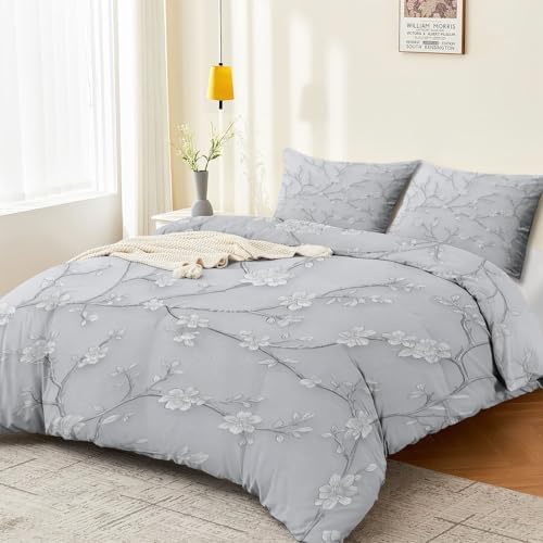 Light Gray Duvet Cover King - Ink Painting Flowers Plants Vines